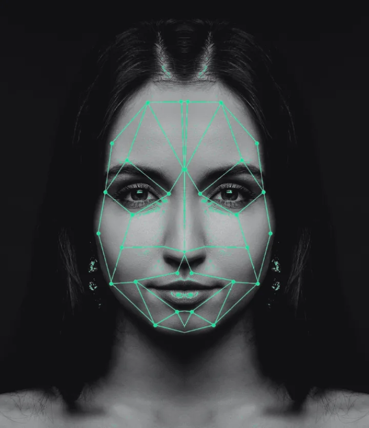 A portrait rebuilt from the left half of the face, mirrored onto itself