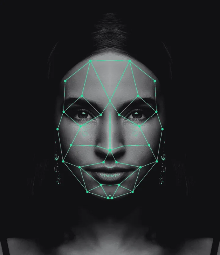A portrait rebuilt from the right half of the face, mirrored onto itself